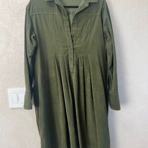 Ross035 Olive Green Corduroy Knee Length Winter Dress